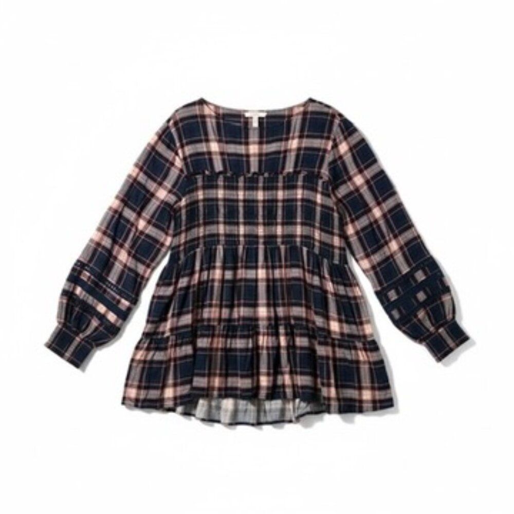 Torrid Babydoll w/ Lace Insert Smocked Tiered Top Blue/Pink Plaid SZ 4 ( 26) EUC - Picture 6 of 8
